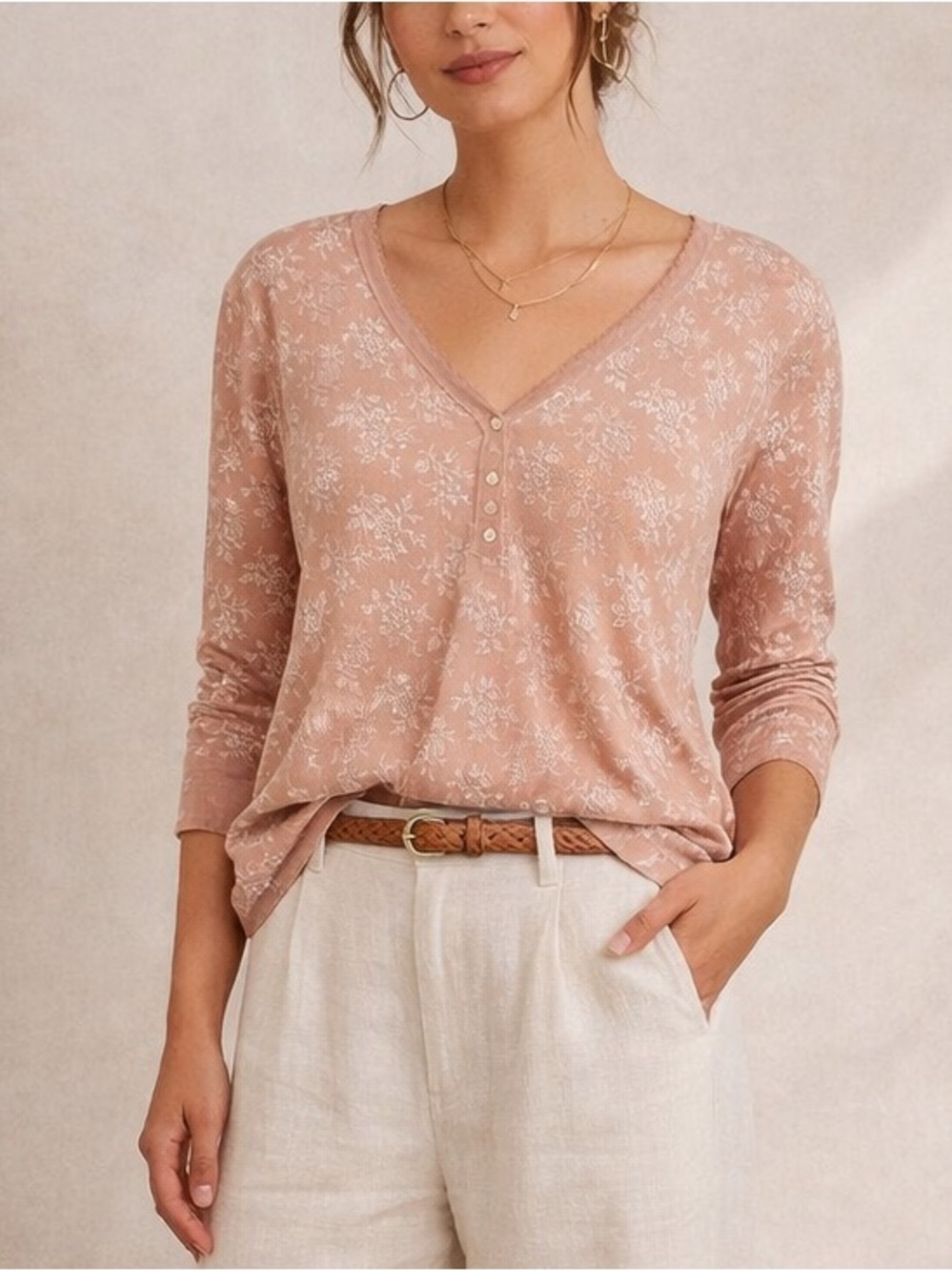 Cottagecore Floral Henley Top Cotton Blush Pink Ribbed Boho Prairie Size L